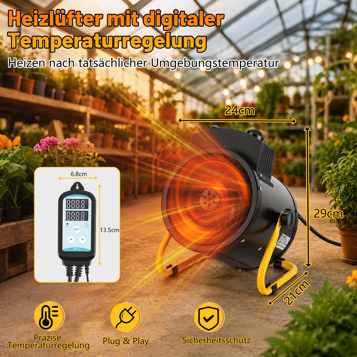 Jopassy Gewächshausheizung mit Thermostat IPX4 bis 2000W für Gewächshaus Garage