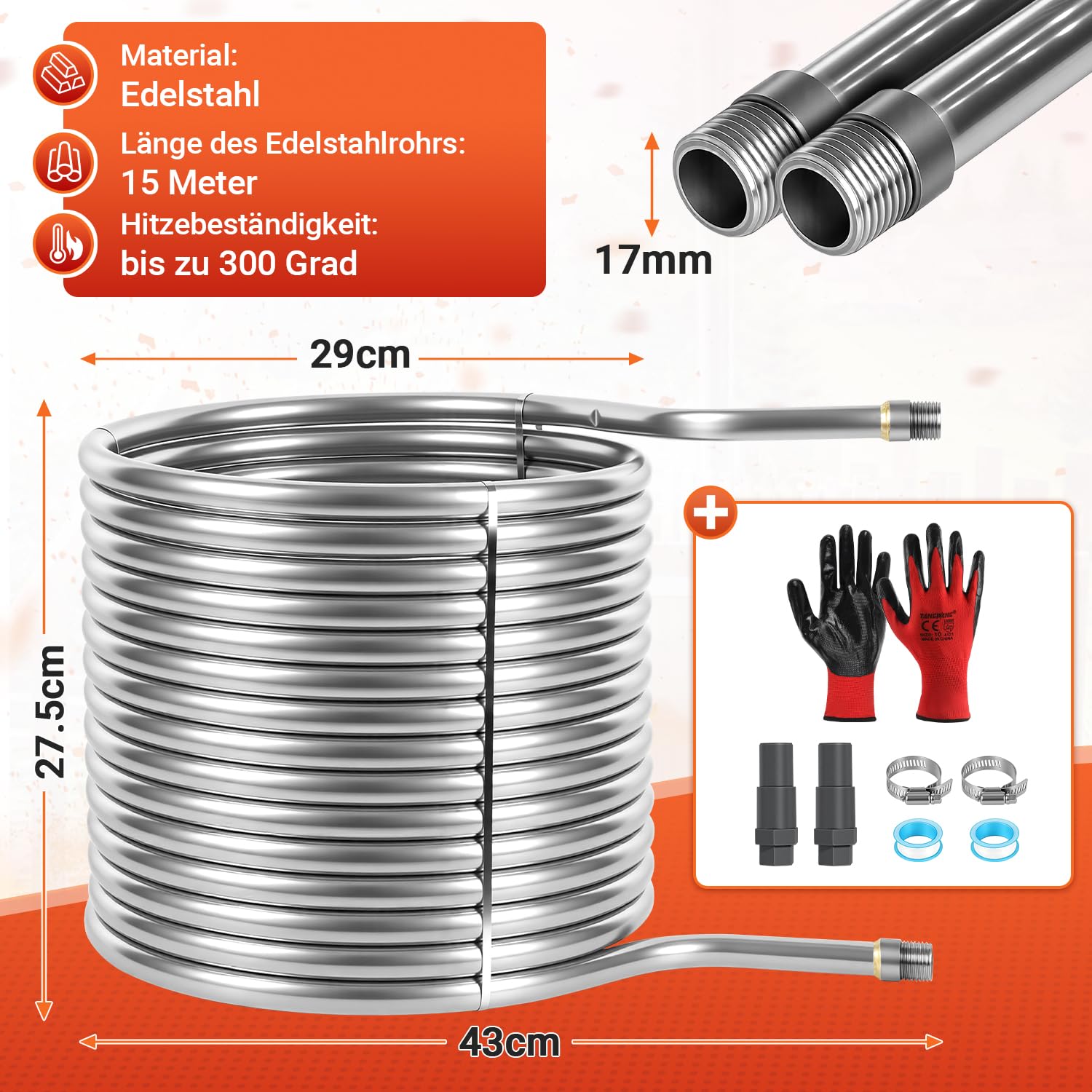 Jopassy Poolheizung Edelstahl Heizspirale 15 m für 32–38 mm Poolschläuche