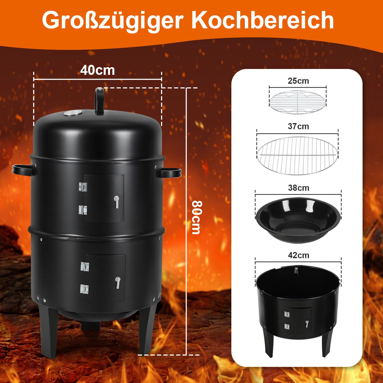 Jopassy 3 in 1 Smoker Räucherofen Ø40x80 cm Holzkohle Grill mit Thermometer