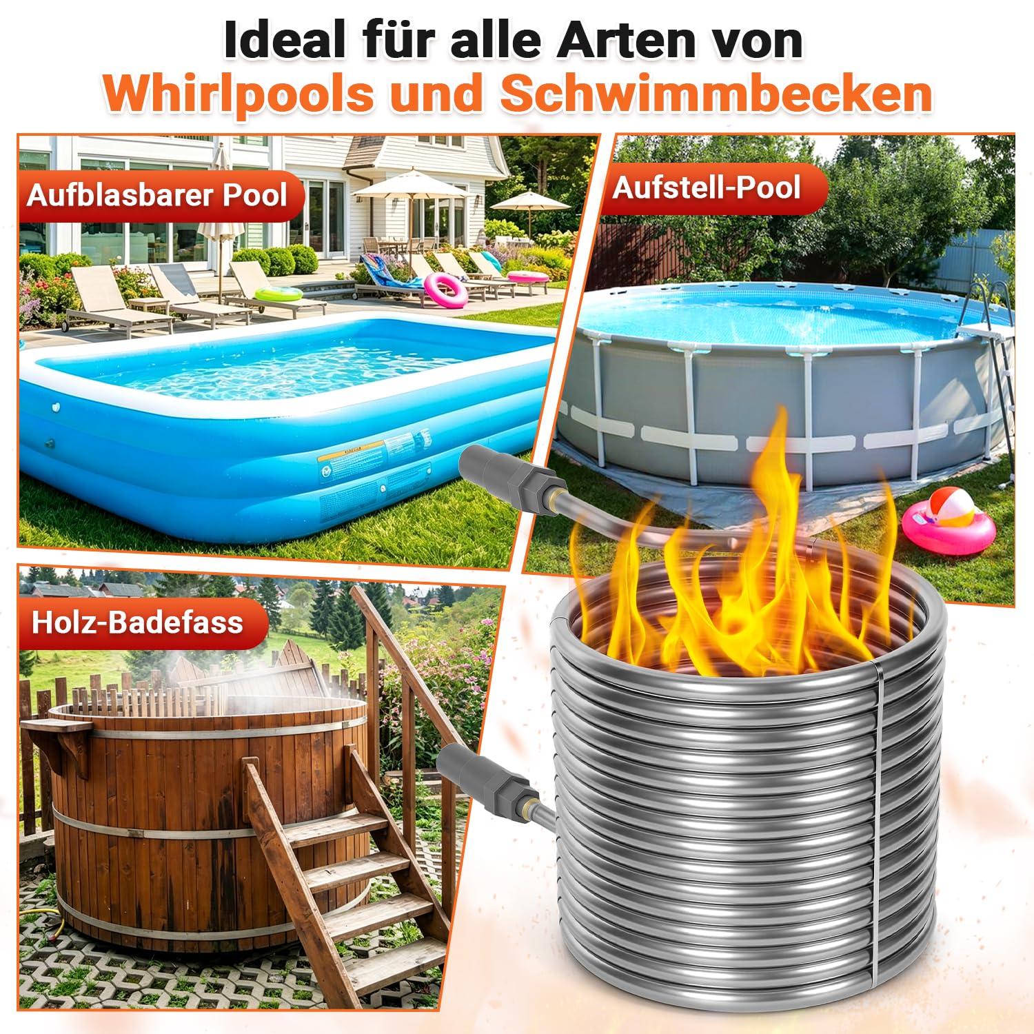 Jopassy Poolheizung Edelstahl Heizspirale 15 m für 32–38 mm Poolschläuche