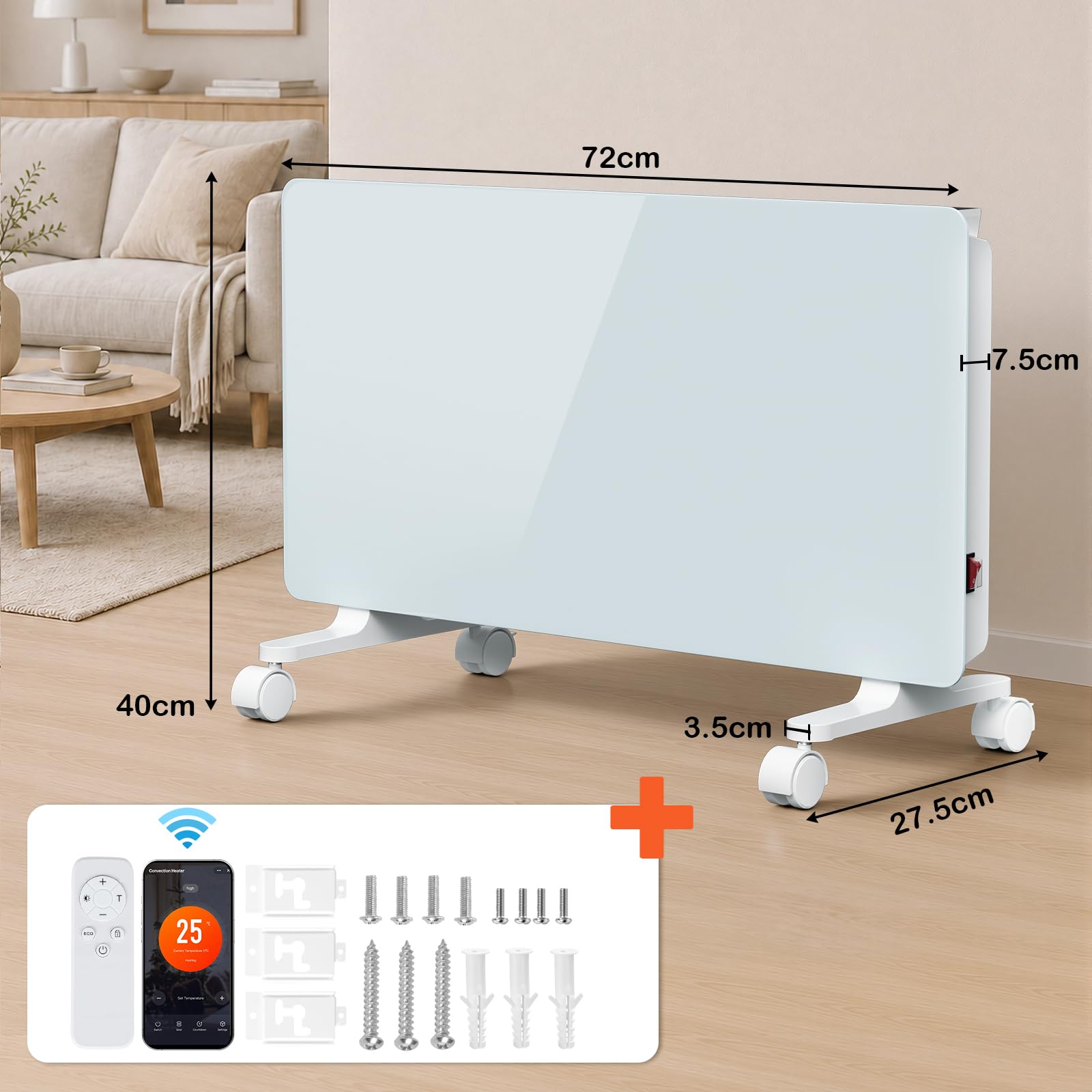 Jopassy WLAN Konvektor Heizung 2000/2500W mit Thermostat und Glasfront