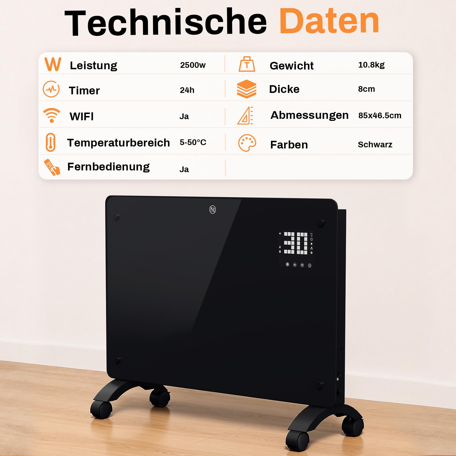 Jopassy WLAN Konvektor Heizung 2000/2500W mit Thermostat und Glasfront