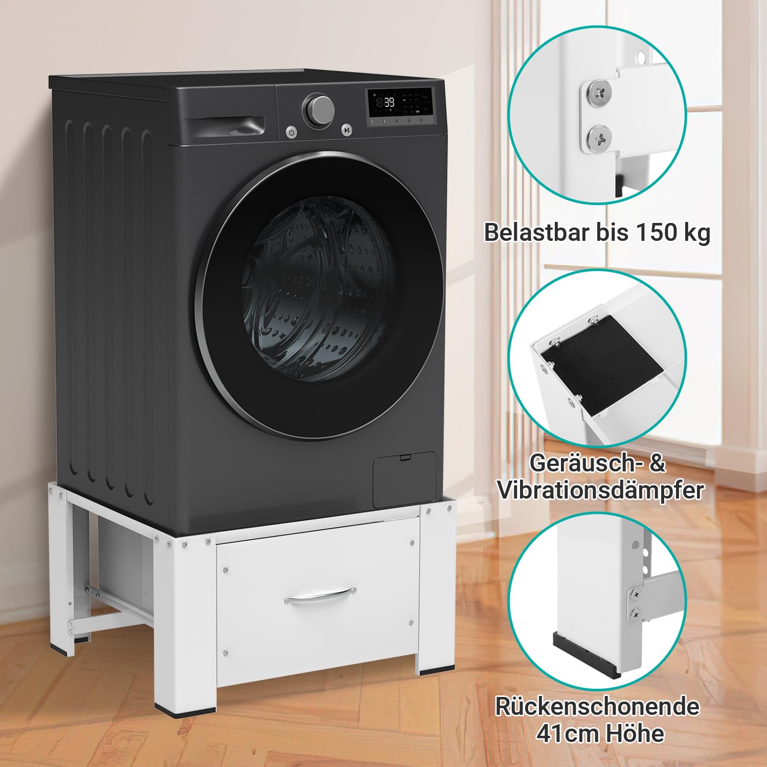 Jopassy Waschmaschinen Untergestell mit Schublade 63x54x32 cm für Waschmaschine und Trockner