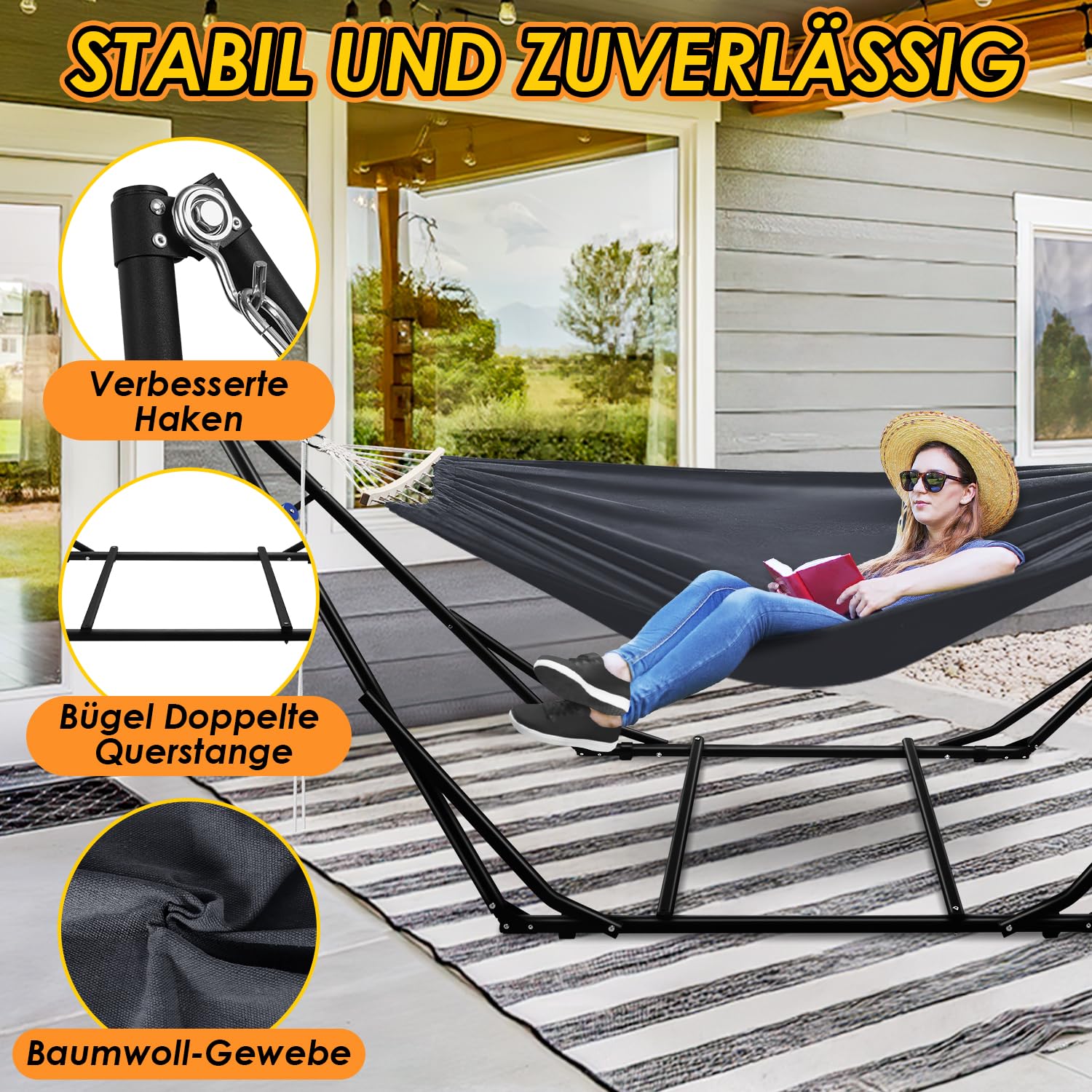 Jopassy Hängematte mit Gestell klappbar bis 150 kg für Garten Camping und Balkon
