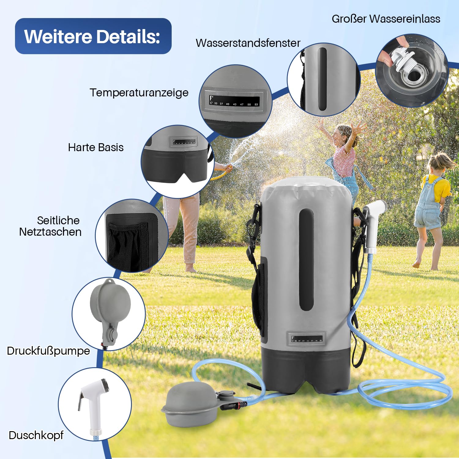 Jopassy Campingdusche 12L tragbare Outdoor Dusche mit Fußpumpe Temperaturanzeige