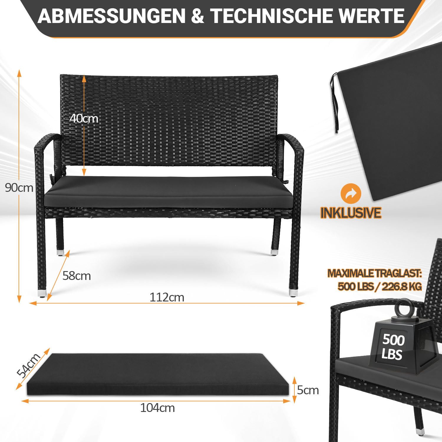 Jopassy Gartenbank Polyrattan 112 x 58 x 90 cm 2-Sitzer bis 227 kg