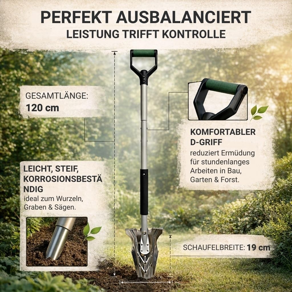 Jopassy Spaten mit Wurzelsäge 120 cm Wurzelspaten Edelstahl für Garten