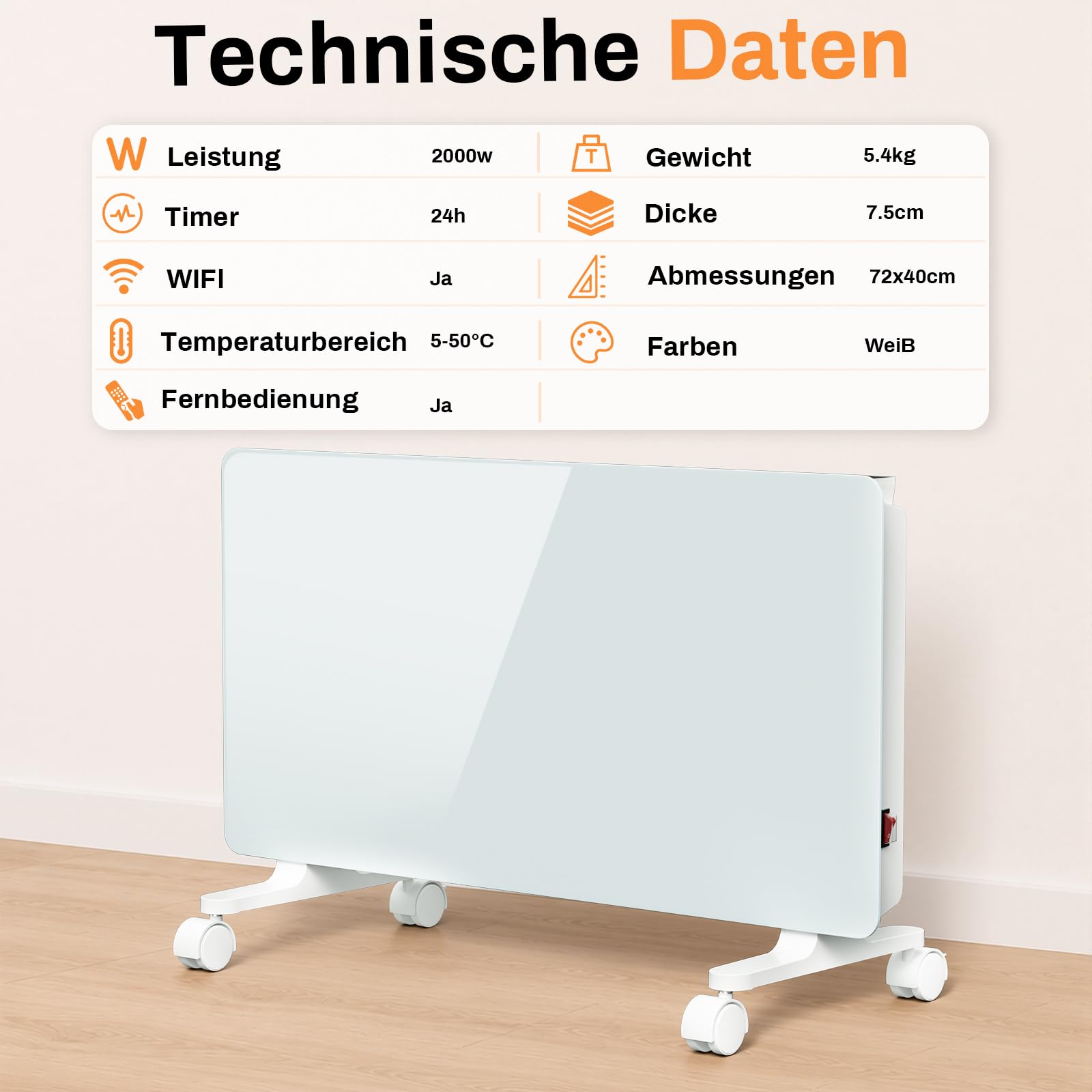 Jopassy WLAN Konvektor Heizung 2000/2500W mit Thermostat und Glasfront