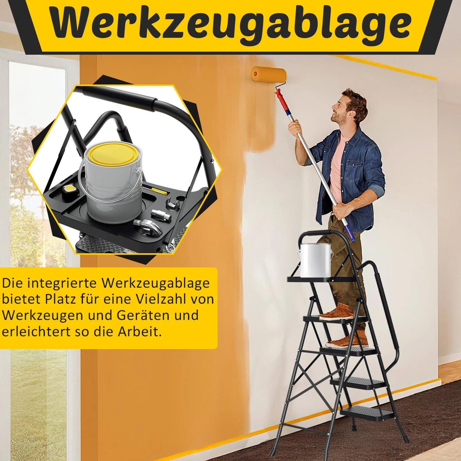 Jopassy Klappleiter 4 Stufen 146 cm mit Handlauf und Werkzeugablage