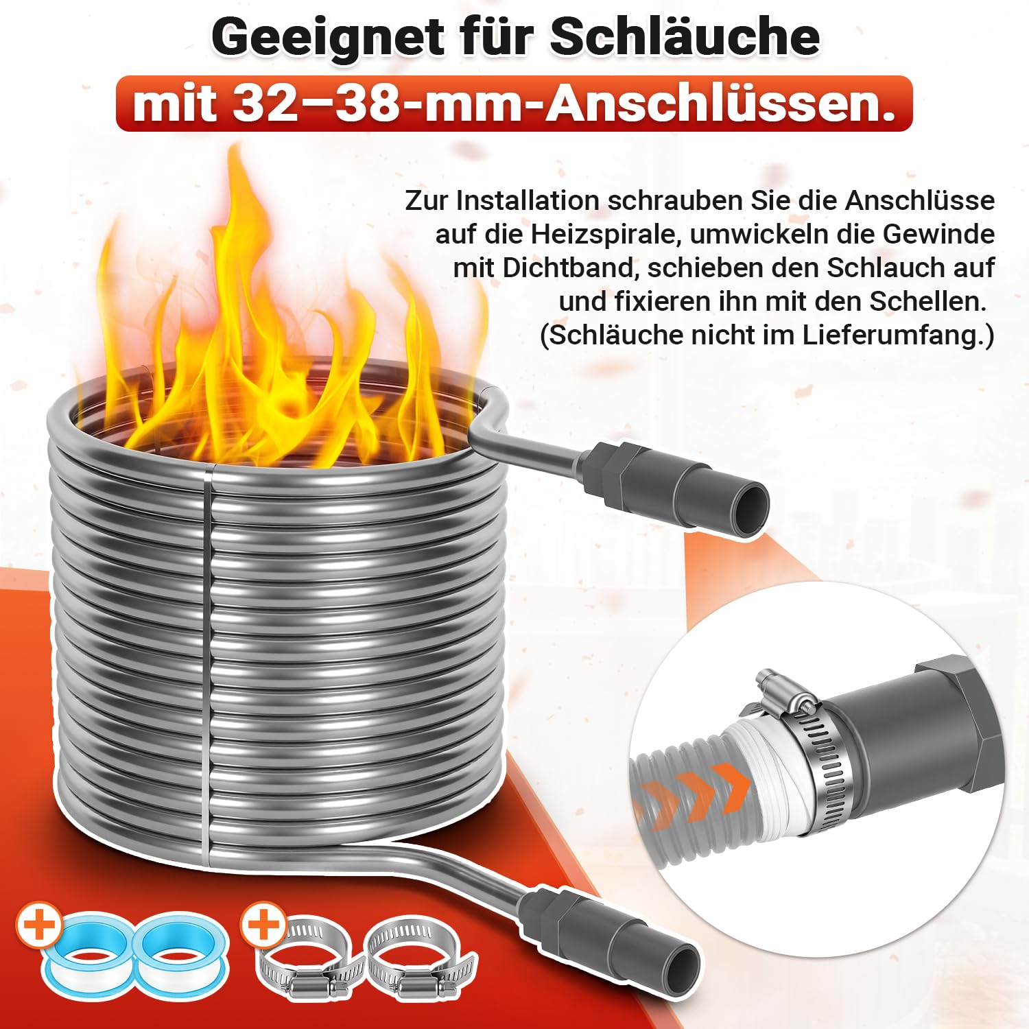 Jopassy Poolheizung Edelstahl Heizspirale 15 m für 32–38 mm Poolschläuche