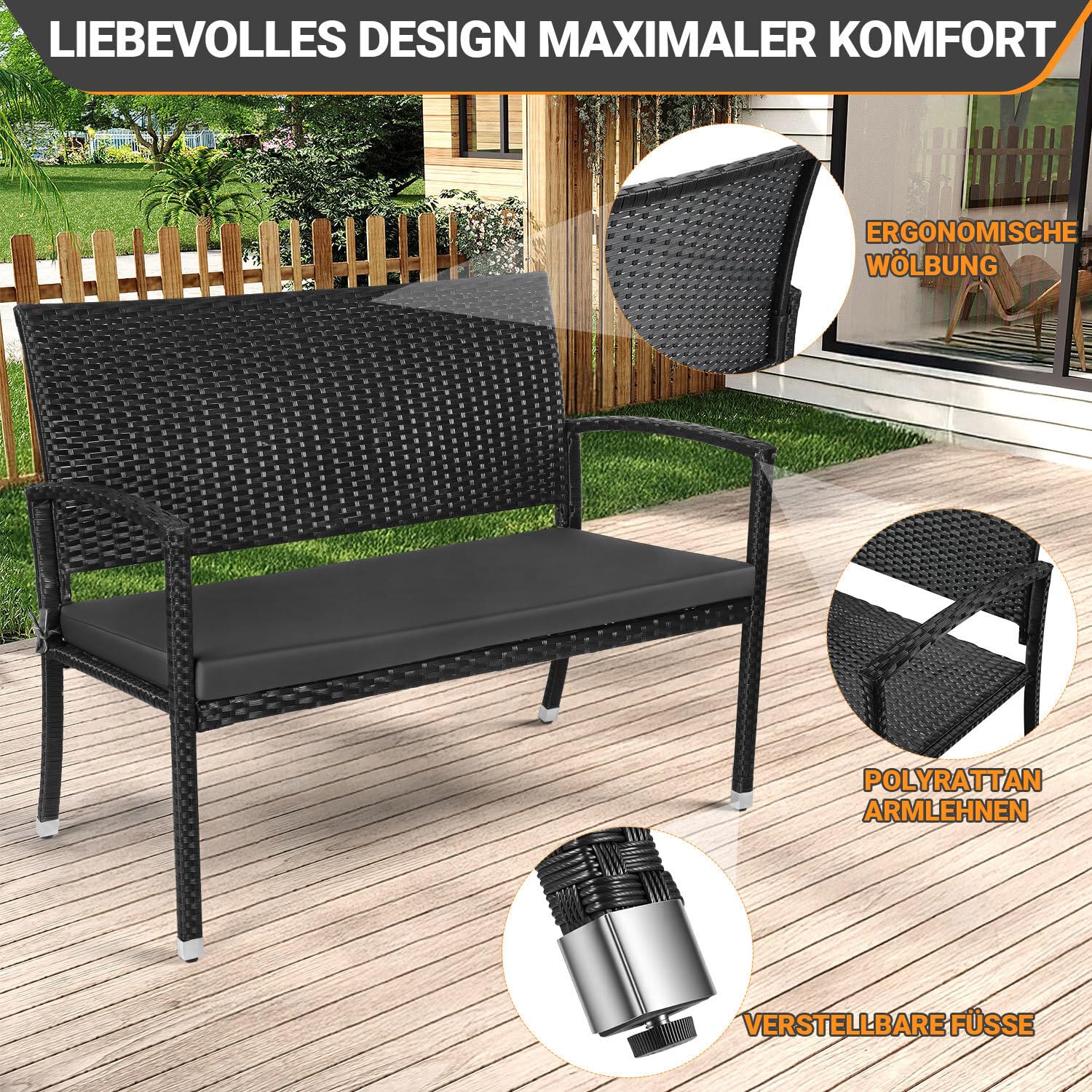 Jopassy Gartenbank Polyrattan 112 x 58 x 90 cm 2-Sitzer bis 227 kg