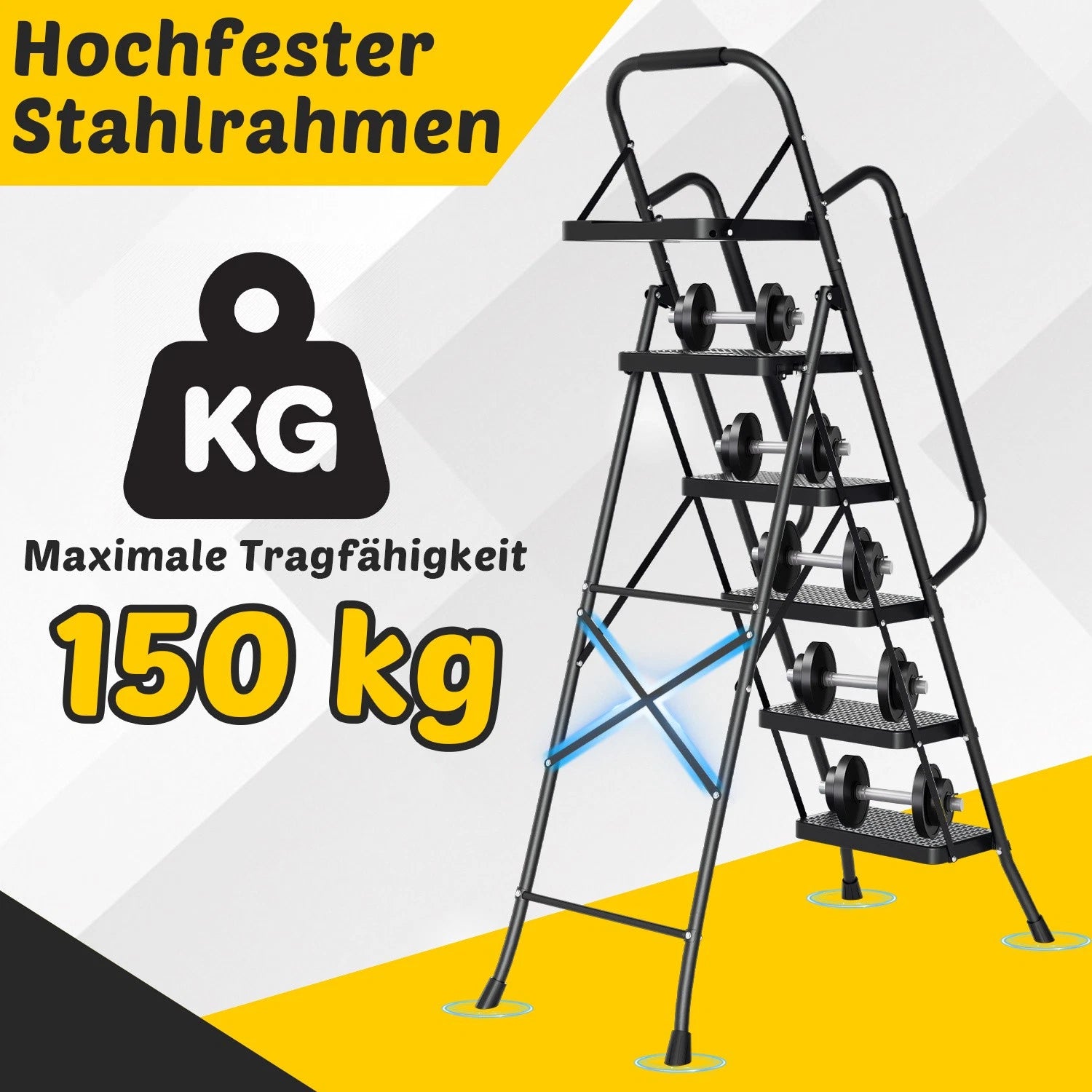 Jopassy Klappleiter 4 Stufen 146 cm mit Handlauf und Werkzeugablage