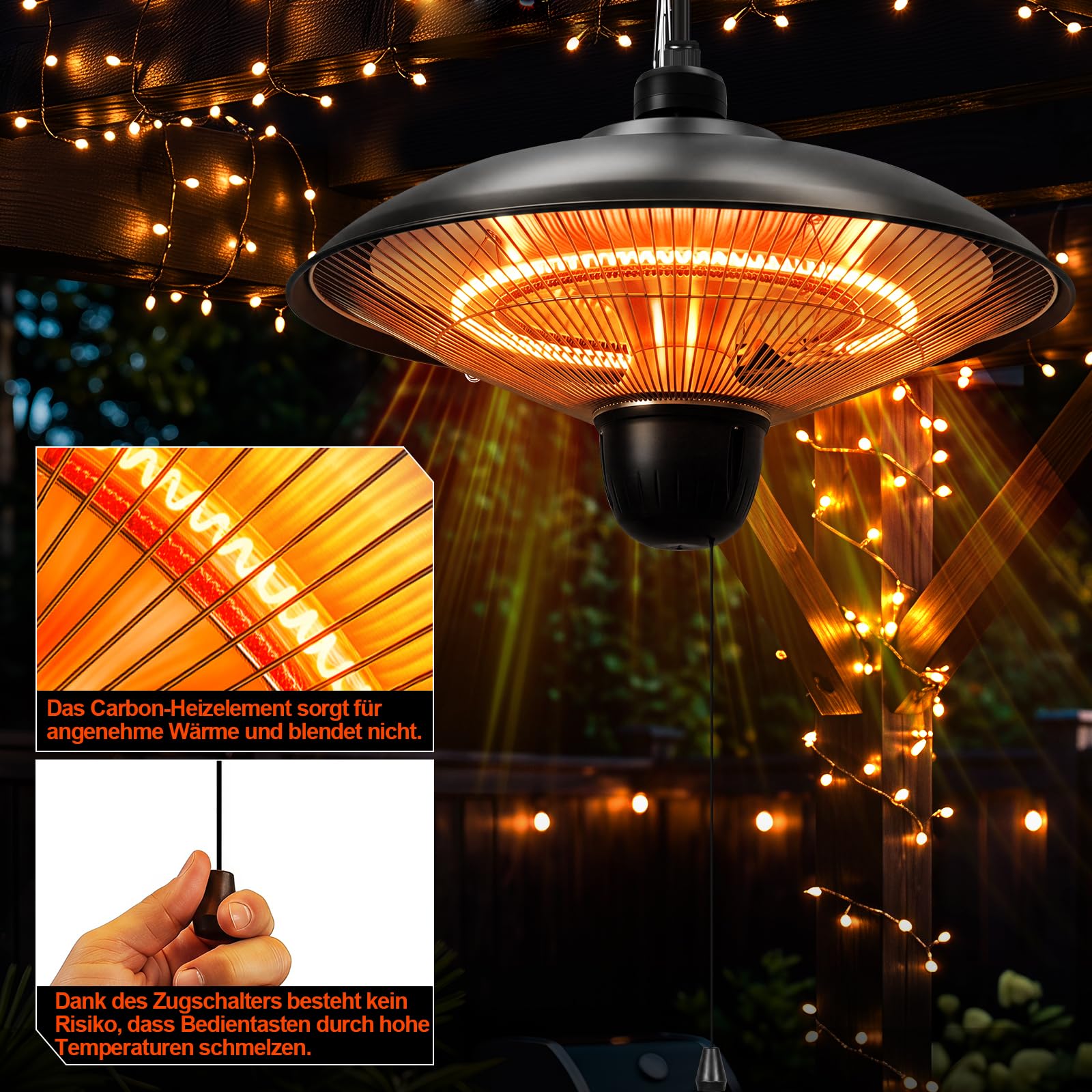 Jopassy Hängeheizstrahler 1800W Infrarot IP55 mit Zugschalter für Terrasse Balkon