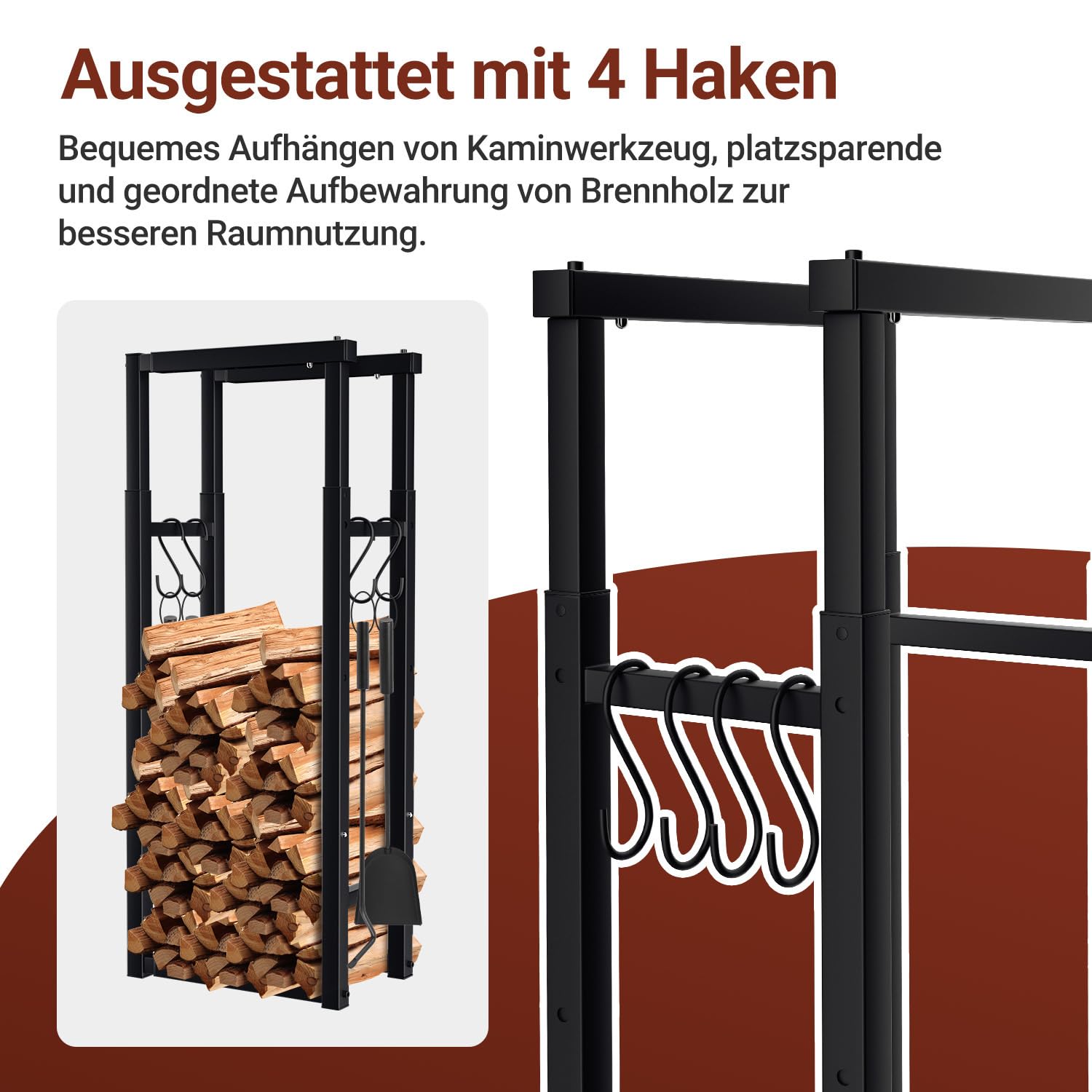 Jopassy Kaminholzregal verstellbar 40–100 cm mit 4 Haken