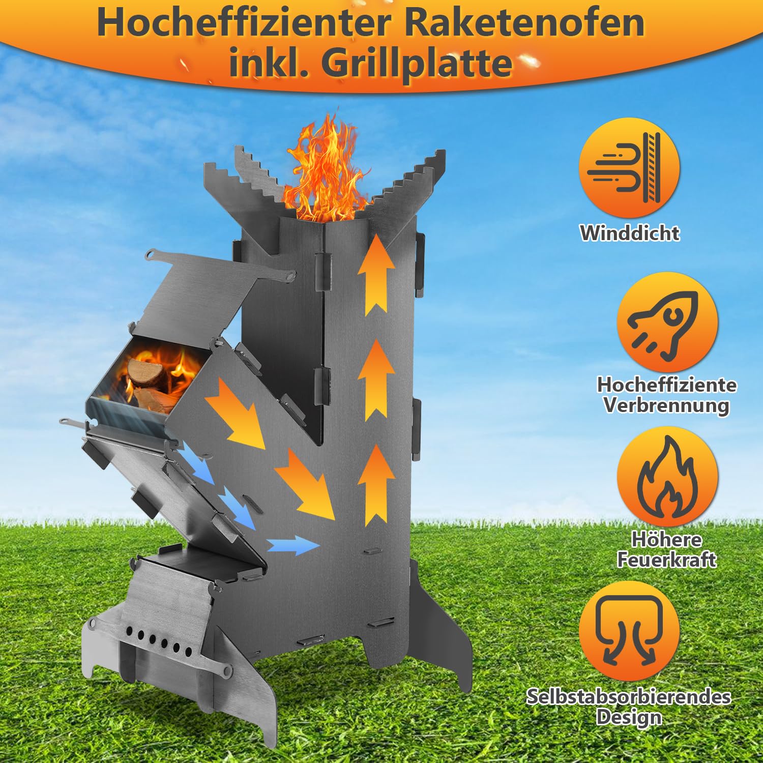 Jopassy Raketenofen 34x57 cm mit Grillplatte Outdoor BBQ