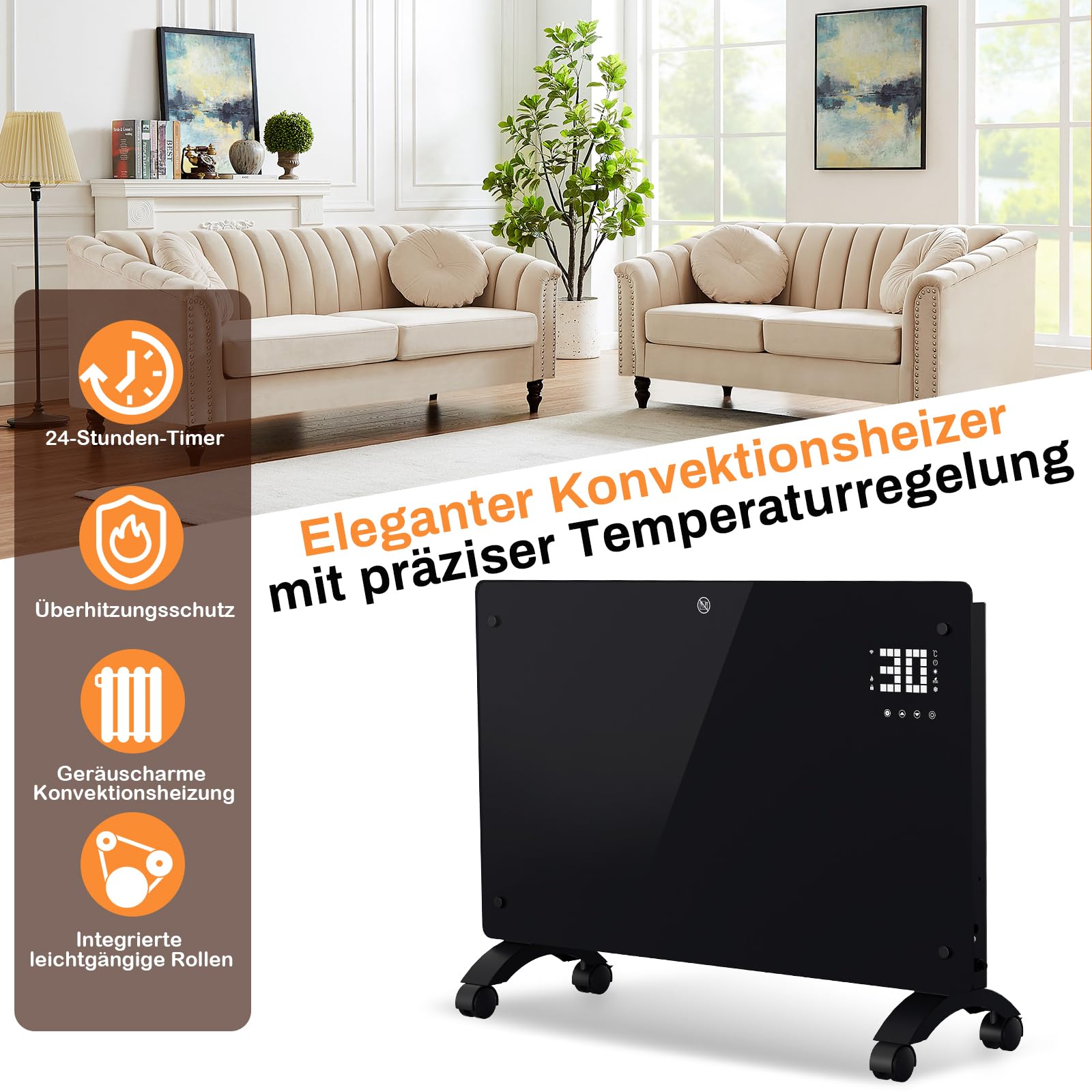 Jopassy WLAN Konvektor Heizung 2000/2500W mit Thermostat und Glasfront