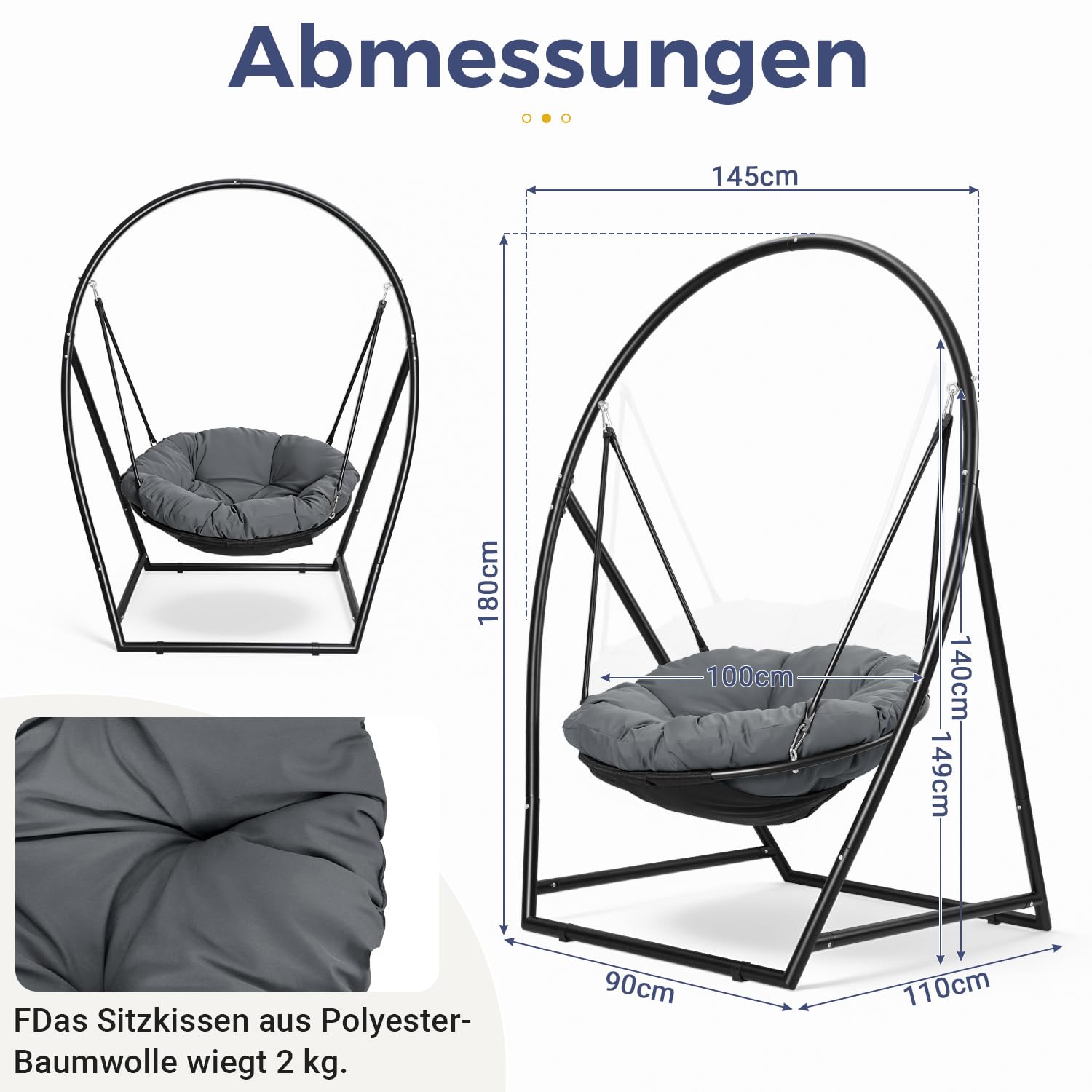 Jopassy Hängesessel mit Gestell und Kissen, höhenverstellbar bis 150 kg, für Garten und Balkon