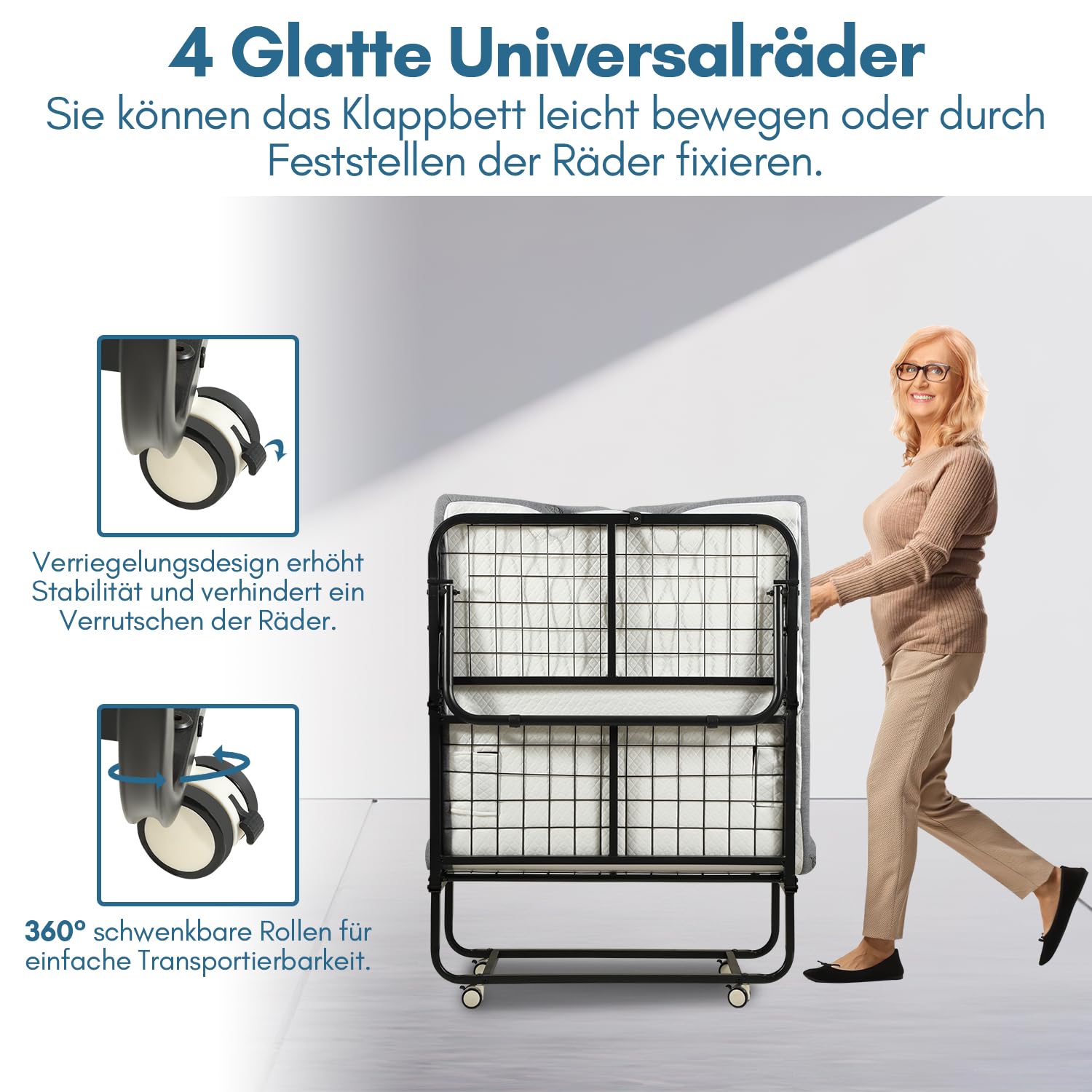 Jopassy Klappbett 90 x 200 cm mit 13 cm Matratze, klappbares Gästebett mit Rollen, bis 200 kg