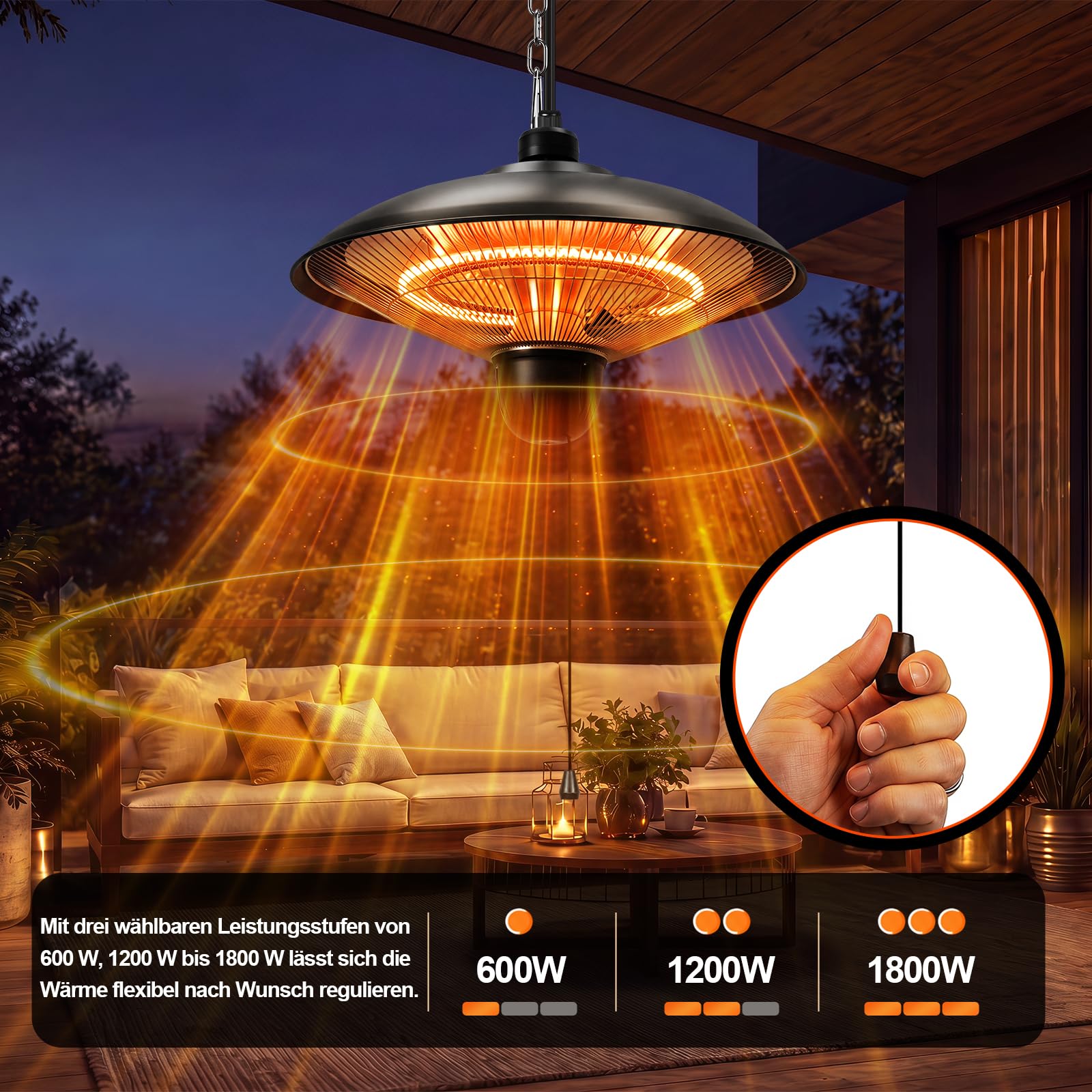 Jopassy Hängeheizstrahler 1800W Infrarot IP55 mit Zugschalter für Terrasse Balkon