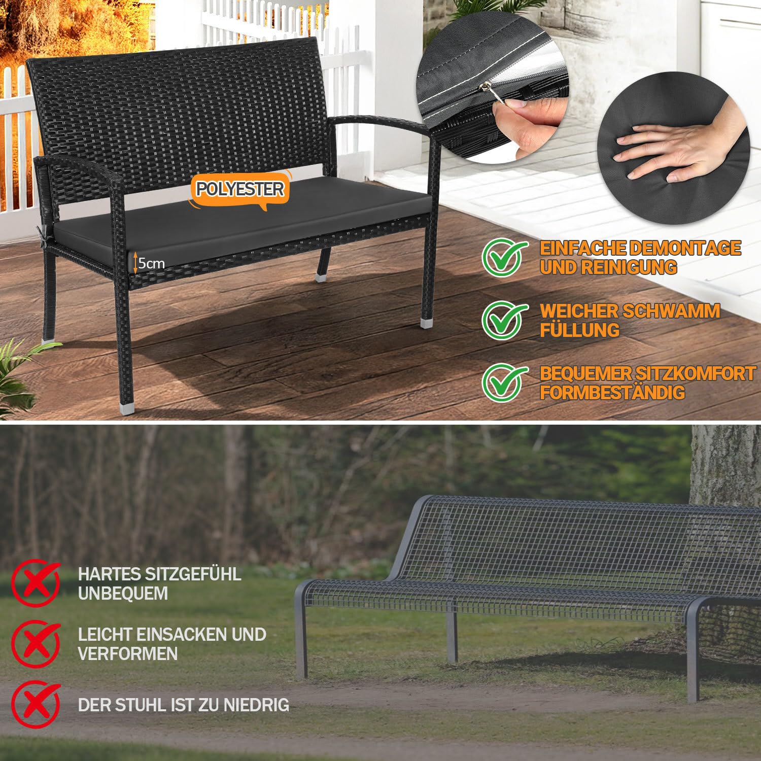 Jopassy Gartenbank Polyrattan 112 x 58 x 90 cm 2-Sitzer bis 227 kg