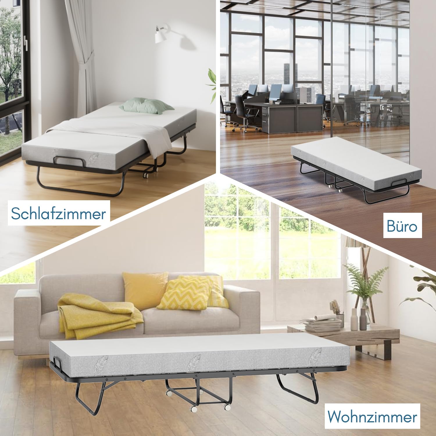 Jopassy Klappbett 90 x 200 cm mit 13 cm Matratze, klappbares Gästebett mit Rollen, bis 200 kg