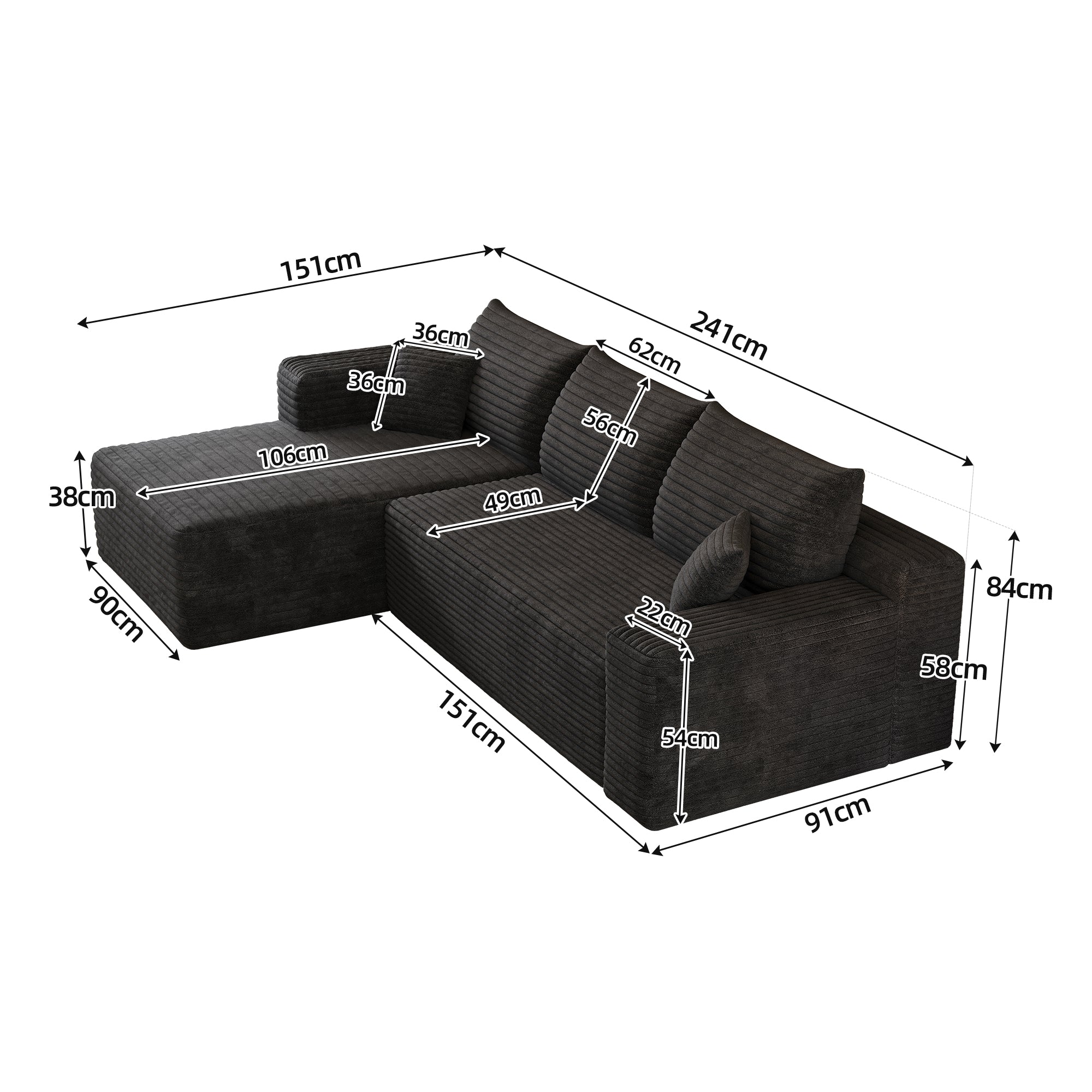 Jopassy Ecksofa mit Chaiselongue 241 x 151 x 58 cm, 2-Sitzer Sofa ohne Montage