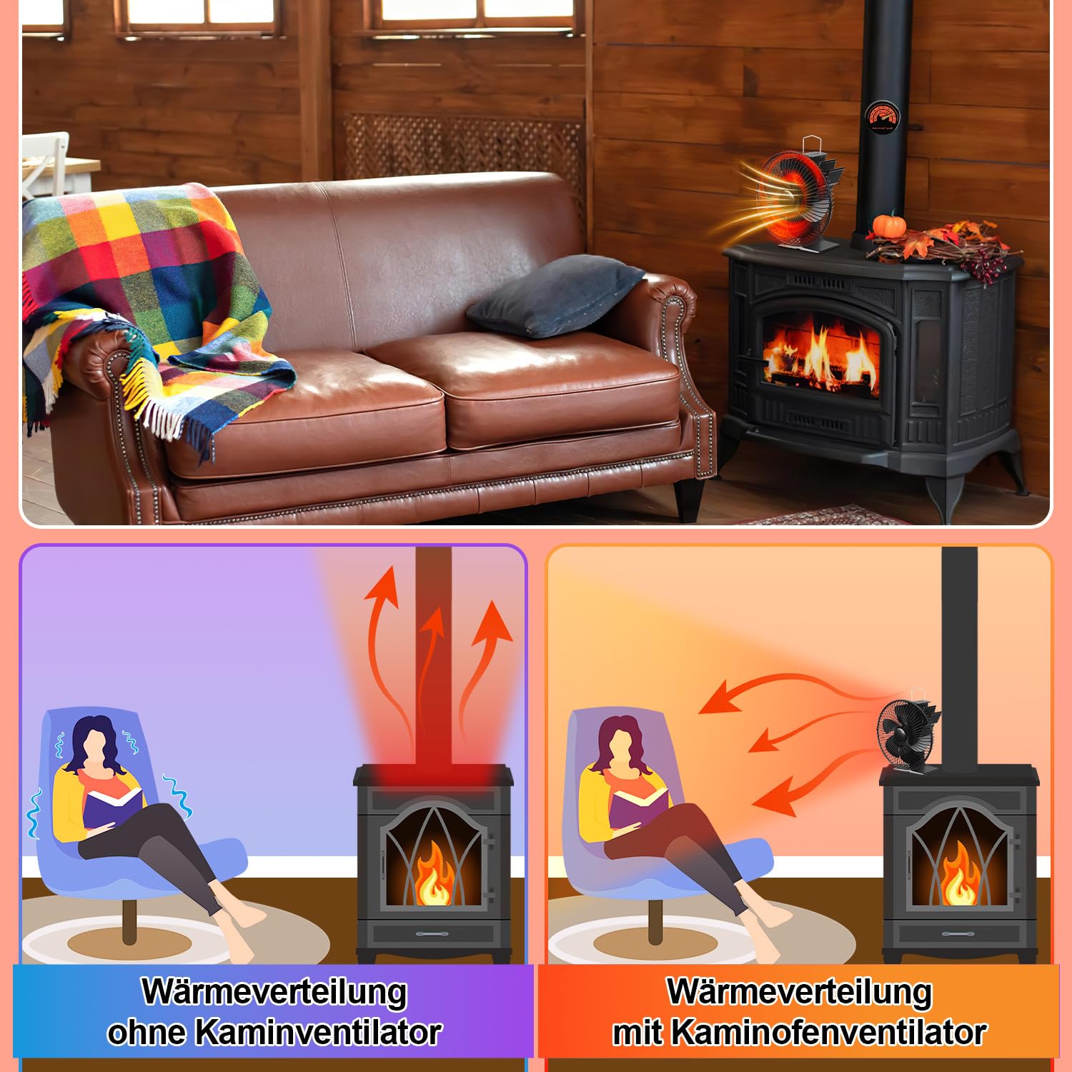 Jopassy Kaminventilator 6 Flügel mit Schutzhaube Thermometer ohne Strom für Holzofen