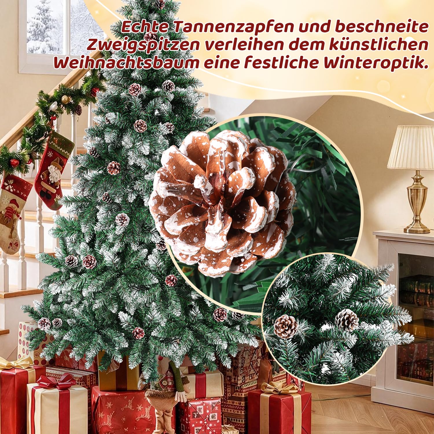 Jopassy Künstlicher Weihnachtsbaum 120–210 cm mit Tannenzapfen und Schneespitzen