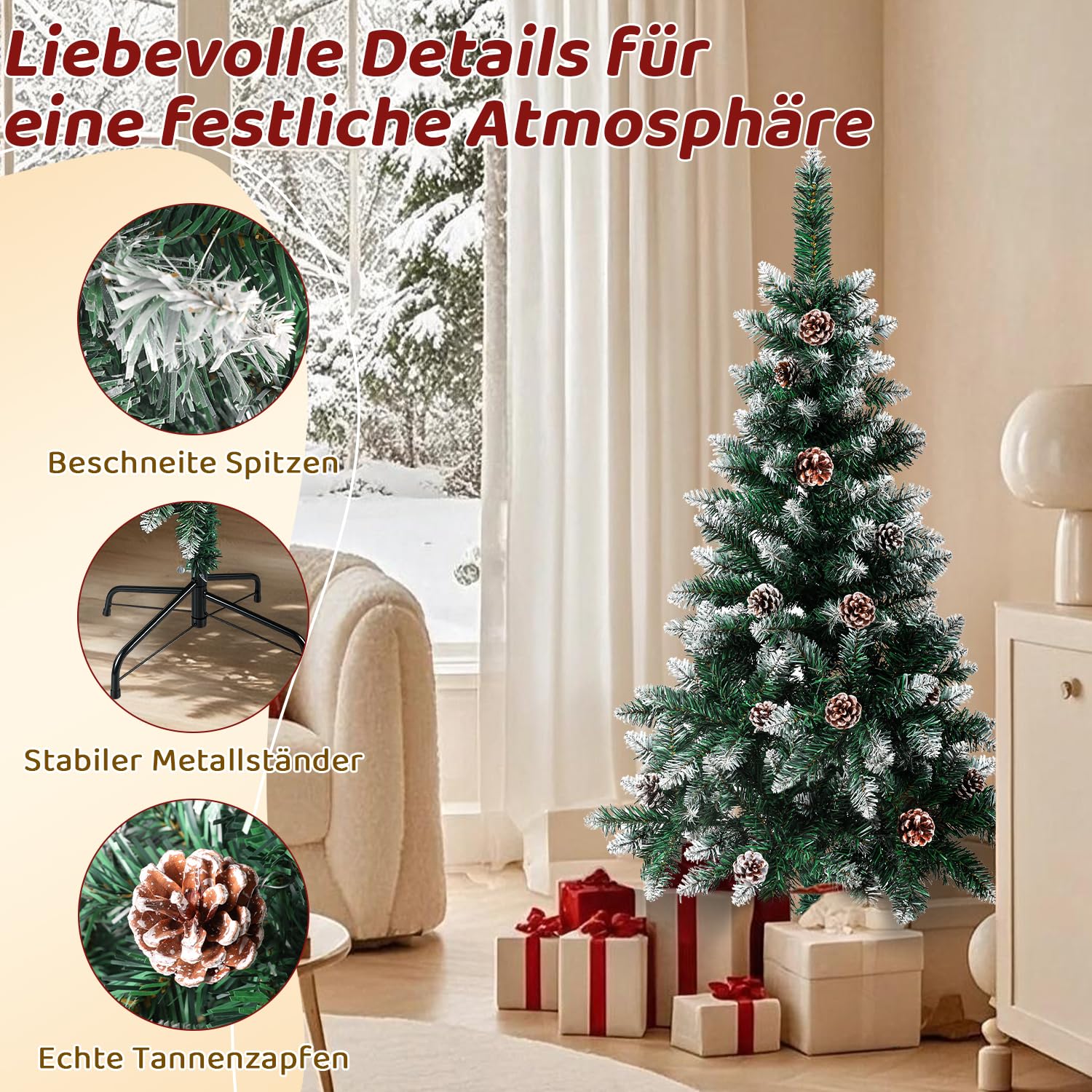 Jopassy Künstlicher Weihnachtsbaum 120–210 cm mit Tannenzapfen und Schneespitzen