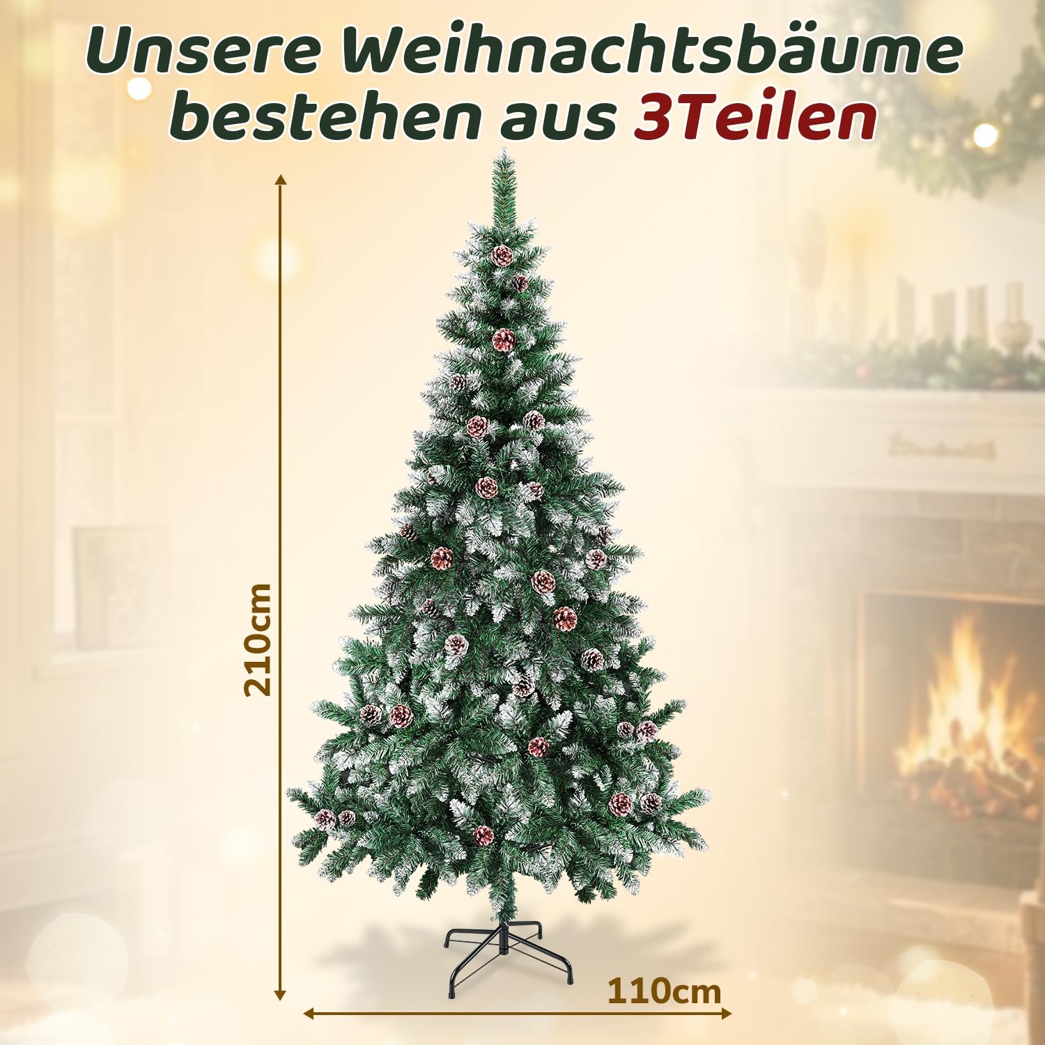 Jopassy Künstlicher Weihnachtsbaum 120–210 cm mit Tannenzapfen und Schneespitzen