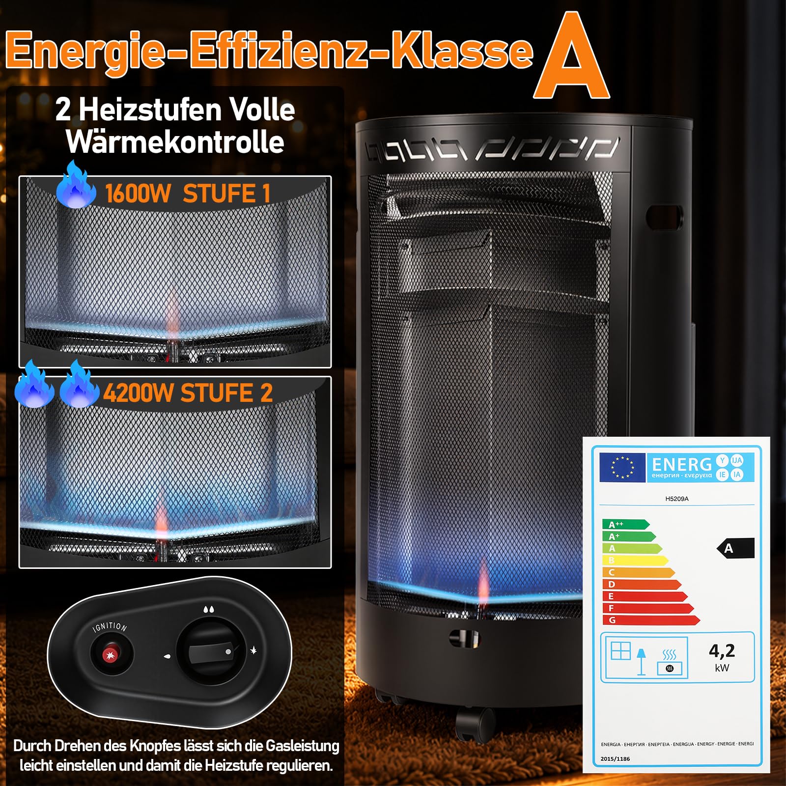 Jopassy Gasheizer 4,2 kW mit 2 Heizstufen Edelstahlbrenner und Rollen