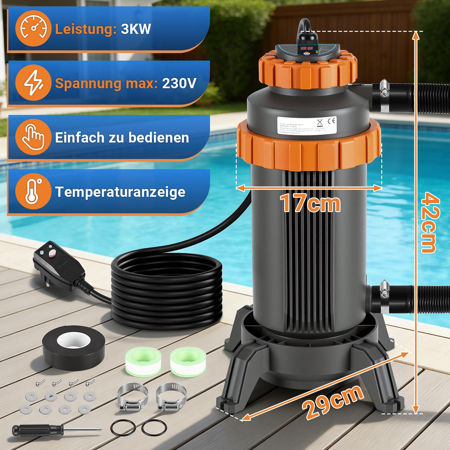 Jopassy Poolheizung elektrisch 3 kW, Pool Heizung bis 45 °C, mit Digitalanzeige & FI-Schutz, Anschluss 32–38 mm, für kleine Pools, Aufstellpools & Whirlpools