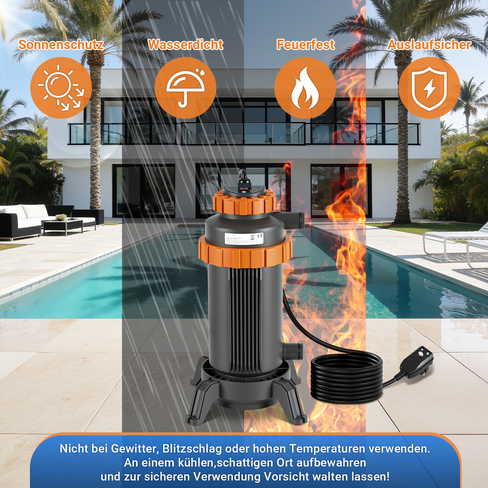 Jopassy Poolheizung elektrisch 3 kW, Pool Heizung bis 45 °C, mit Digitalanzeige & FI-Schutz, Anschluss 32–38 mm, für kleine Pools, Aufstellpools & Whirlpools