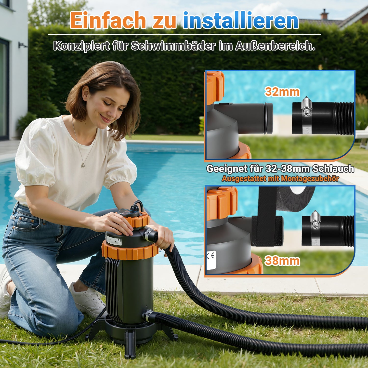 Jopassy Poolheizung elektrisch 3 kW, Pool Heizung bis 45 °C, mit Digitalanzeige & FI-Schutz, Anschluss 32–38 mm, für kleine Pools, Aufstellpools & Whirlpools