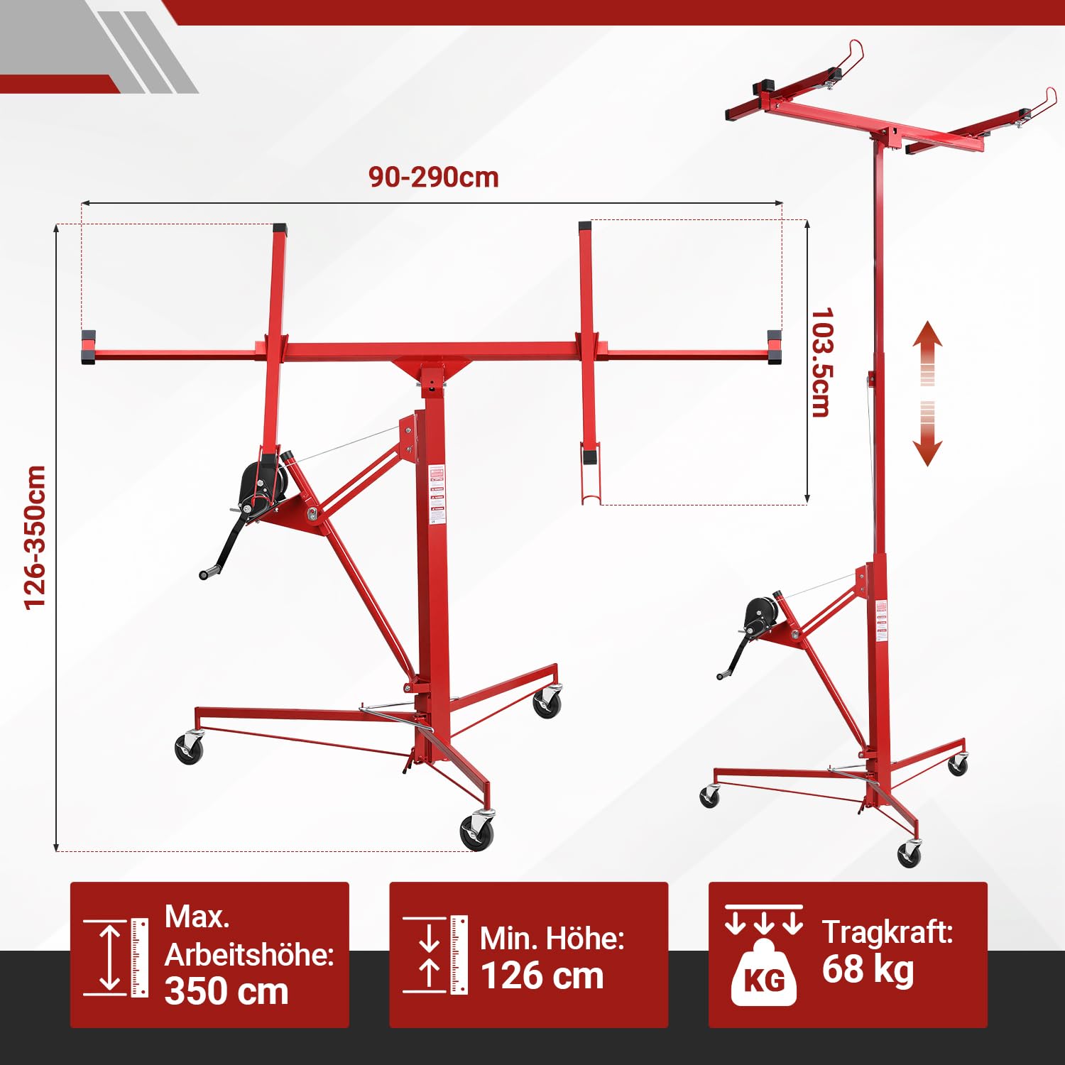 Jopassy Plattenheber Trockenbau bis 68 kg 140–350 cm höhenverstellbar mit 360° Drehfunktion