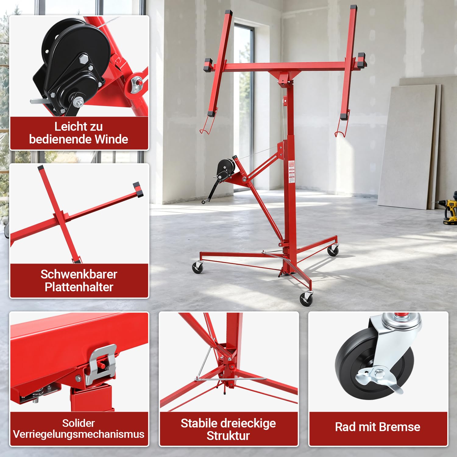 Jopassy Plattenheber Trockenbau bis 68 kg 140–350 cm höhenverstellbar mit 360° Drehfunktion