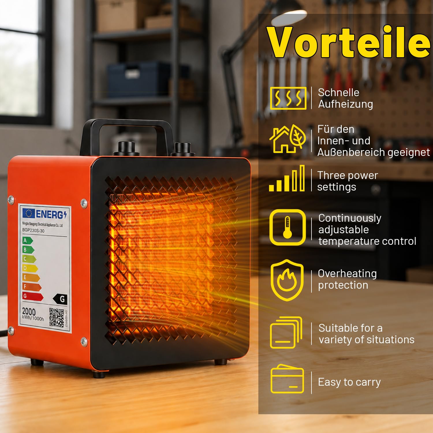 Jopassy Heizlüfter 2000/3000W kompakter Bauheizer mit Thermostat