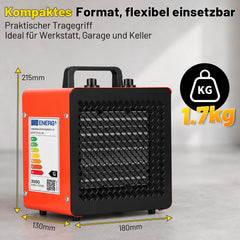 Jopassy Heizlüfter 2000/3000W kompakter Bauheizer mit Thermostat