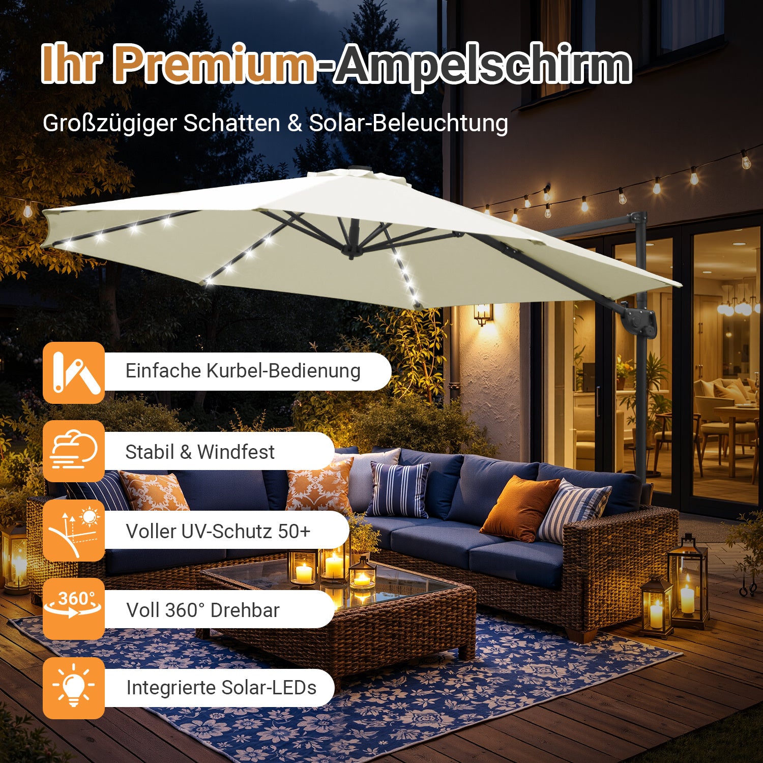 Jopassy Sonnenschirm Ampelschirm 300 x 300 cm, Rund Wasserdicht Terrassenschirm