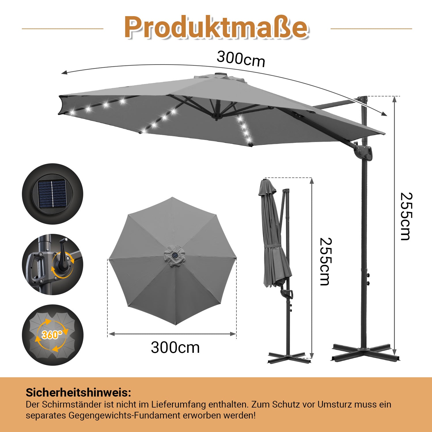 Jopassy Sonnenschirm Ampelschirm 300 x 300 cm, Rund Wasserdicht Terrassenschirm