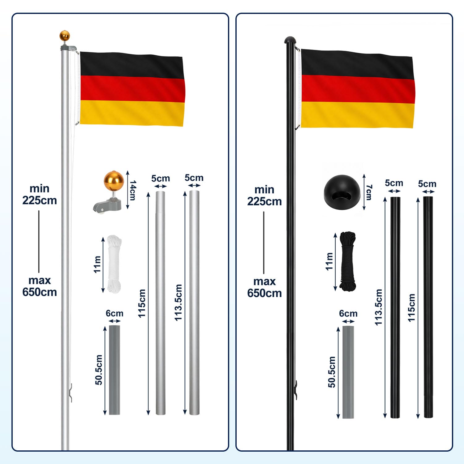 Jopassy Fahnenmast 6,5 m aus Aluminium Ø50 mm mit Deutschlandflagge und Bodenhülse