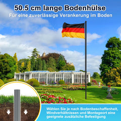 Jopassy Fahnenmast 6,5 m aus Aluminium Ø50 mm mit Deutschlandflagge und Bodenhülse