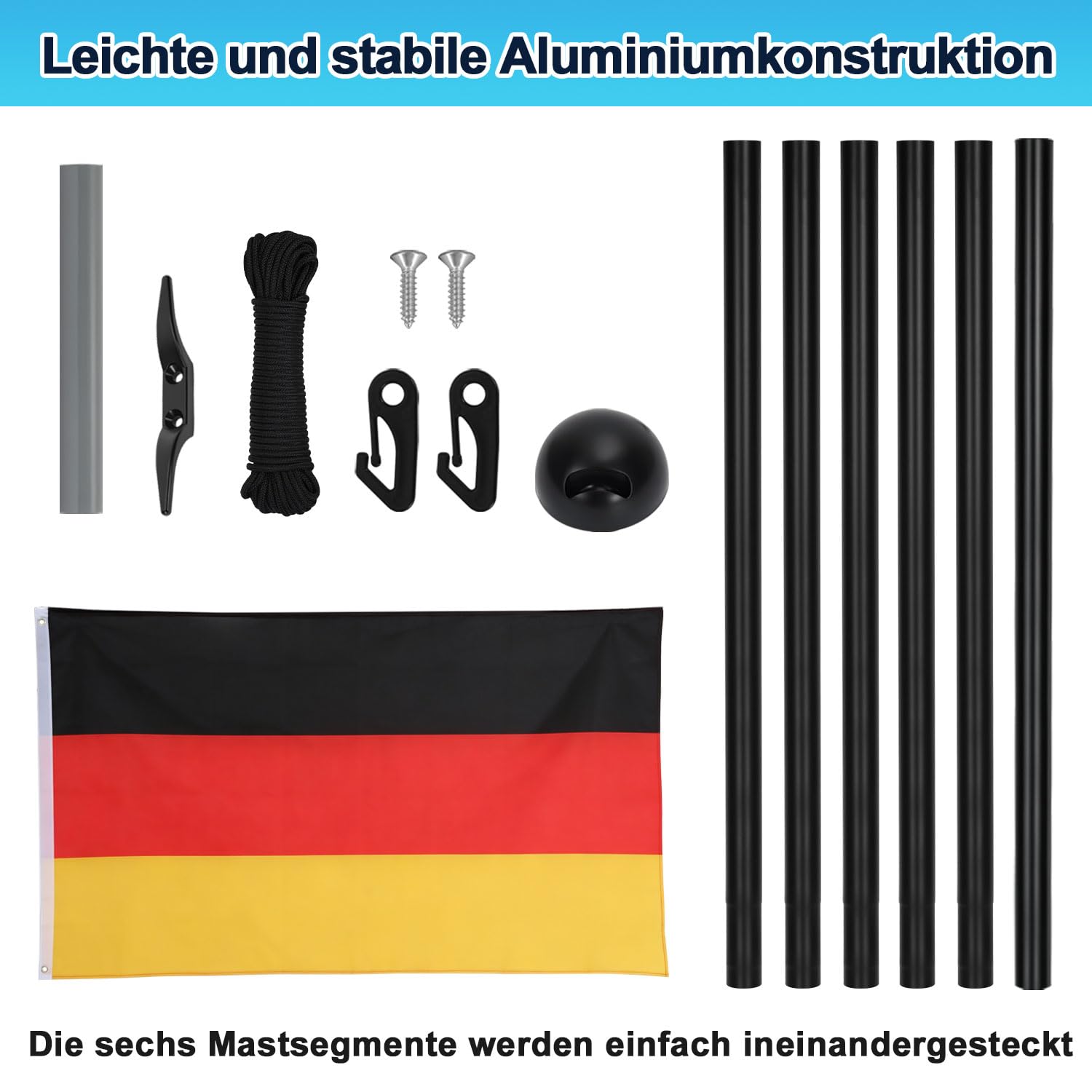 Jopassy Fahnenmast 6,5 m aus Aluminium Ø50 mm mit Deutschlandflagge und Bodenhülse