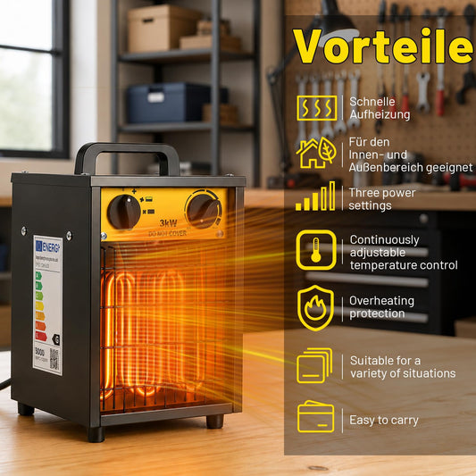 Jopassy Heizlüfter 2000/3000W Bauheizer mit Thermostat Kippschutz für 30 m²