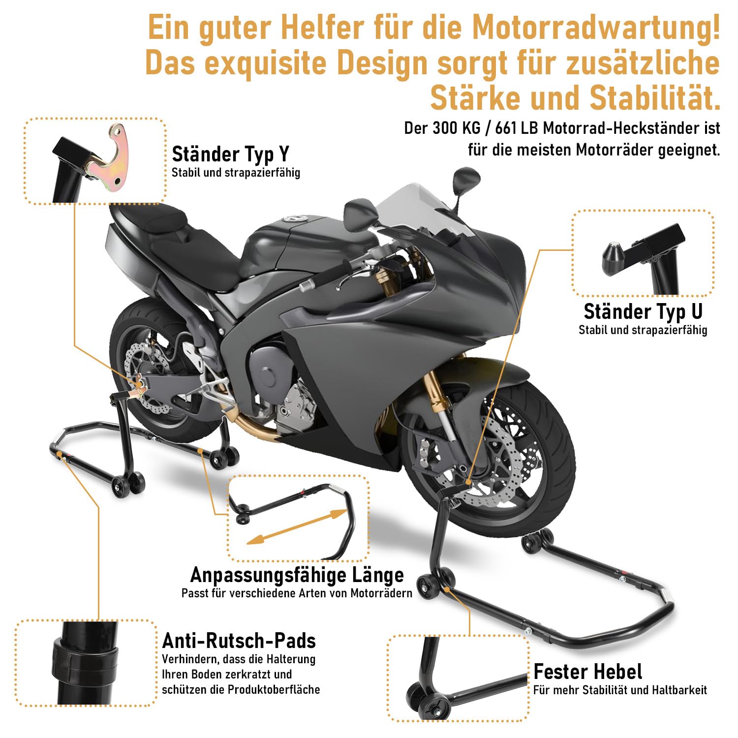 Jopassy Motorrad Montageständer Set vorne und hinten bis 300 kg verstellbar