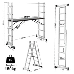 Jopassy 4 in 1 Alu Gerüst 2x6 Sprossen mit Arbeitsplattform Rollen bis 150 kg