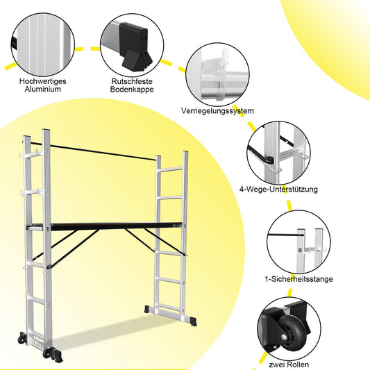 Jopassy 4 in 1 Alu Gerüst 2x6 Sprossen mit Arbeitsplattform Rollen bis 150 kg