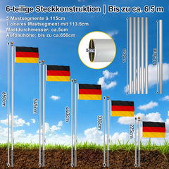 Jopassy Fahnenmast 6,5 m aus Aluminium mit Seilzug und Deutschlandflagge