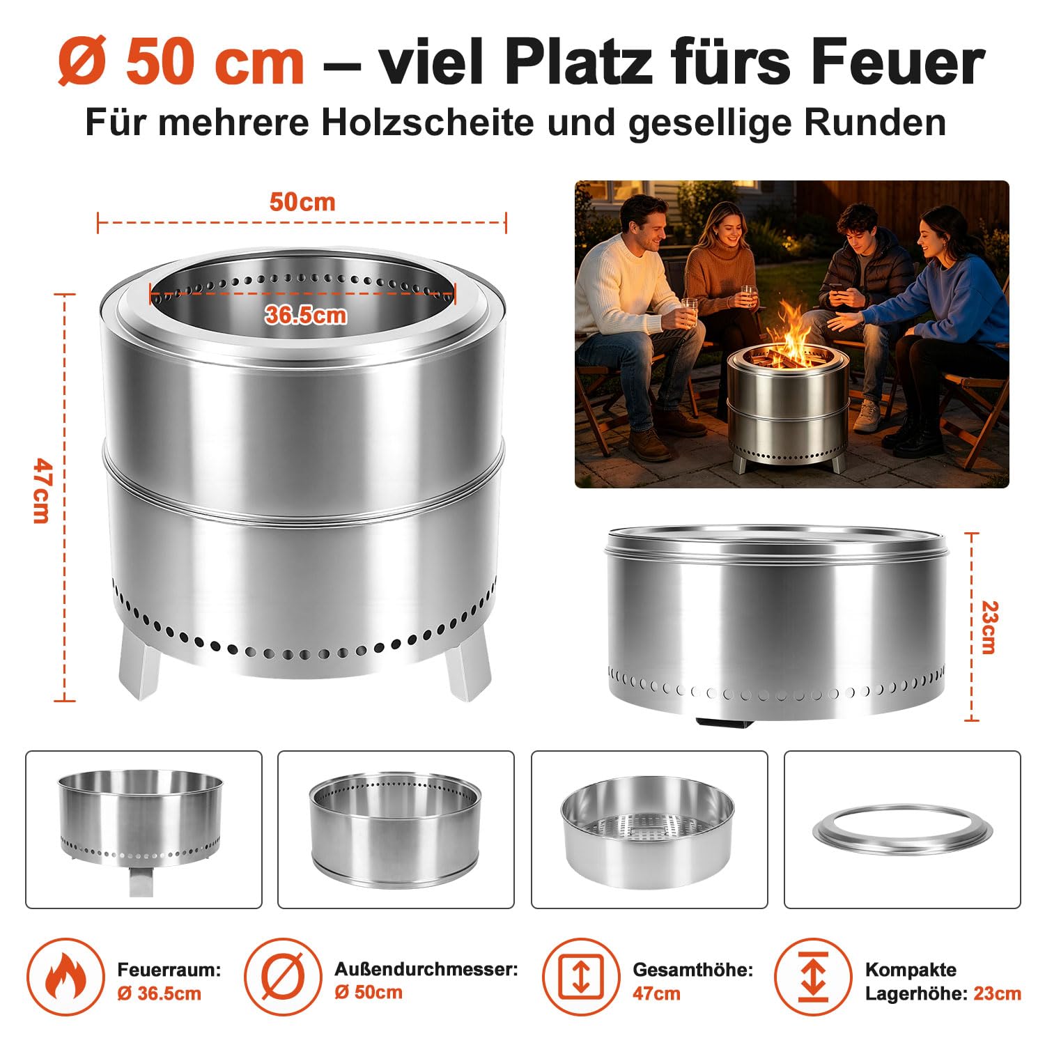 Jopassy Feuerschale Edelstahl Ø50 cm raucharm und klappbar