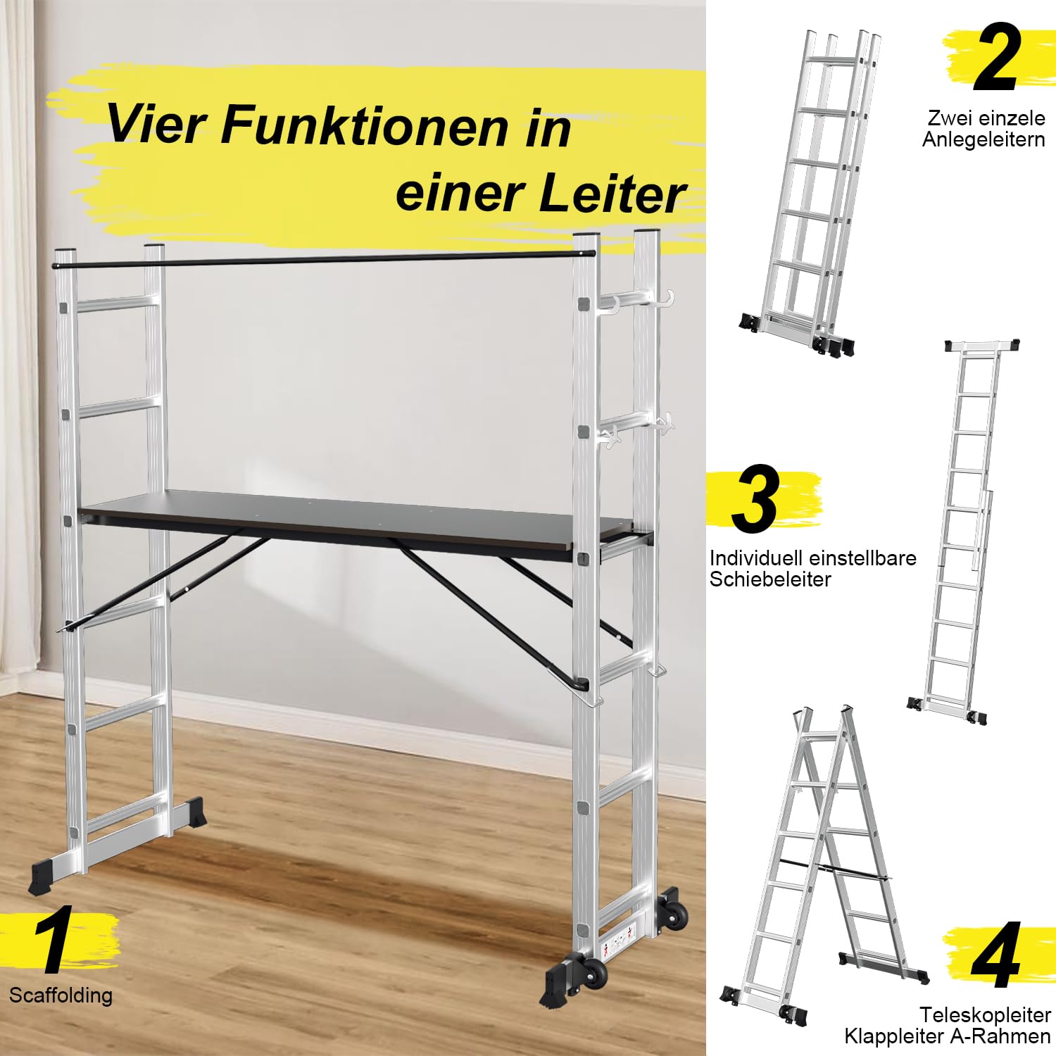 Jopassy 4 in 1 Alu Gerüst 2x6 Sprossen mit Arbeitsplattform Rollen bis 150 kg
